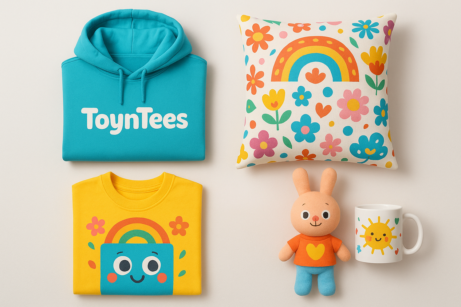 A flat-lay arrangement of a ToynTees hoodie, T-shirt, cushion, mug, and plush toy together on a neutral surface. Bright colors pop, fun and inviting. Clean, balanced, professional catalog style for an online store banner.